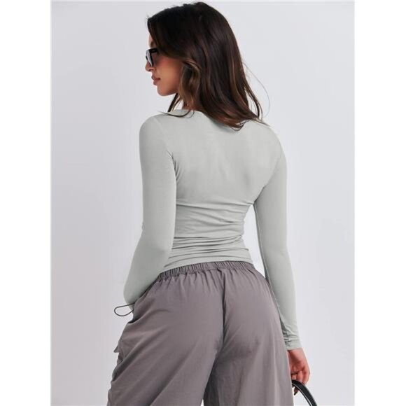 Women’s Basic Crewneck Long Sleeve Grey‎ Shirts Tight Fitted Going Out Crop Tops - Picture 3 of 6